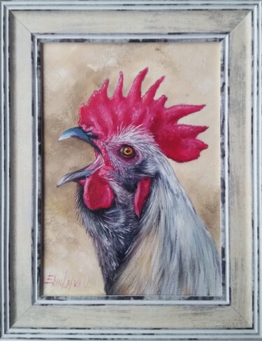 Pintura intitulada "Rooster portrait" por Olesya Ermolaeva, Obras de arte originais, Óleo