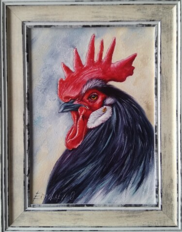 Painting titled "Dark Rooster portra…" by Olesya Ermolaeva, Original Artwork, Oil