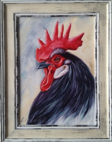 Schilderij getiteld "Dark Rooster portra…" door Olesya Ermolaeva, Origineel Kunstwerk, Olie