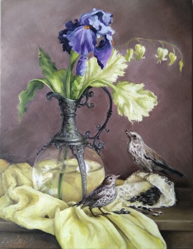 Картина под названием "Irises bouquet in w…" - Olesya Ermolaeva, Подлинное произведение искусства, Масло