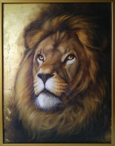 Painting titled "Gold Lion Portrait" by Olesya Ermolaeva, Original Artwork, Oil