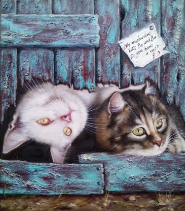 Painting titled "My two cats Bo and…" by Olesya Ermolaeva, Original Artwork, Oil