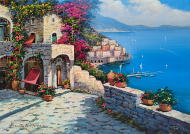 Painting titled "Descent to Amalfi -…" by Ernesto De Michele, Original Artwork, Oil Mounted on Wood Stretcher frame