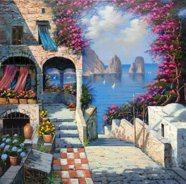 Painting titled "Window on Capri - S…" by Ernesto De Michele, Original Artwork, Oil Mounted on Wood Stretcher frame