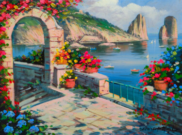 Painting titled "Terrace in Capri -…" by Ernesto De Michele, Original Artwork, Acrylic Mounted on Wood Stretcher frame