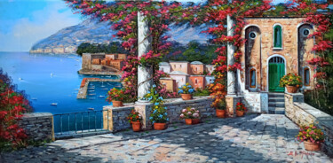 Painting titled "Flowery terrace in…" by Ernesto De Michele, Original Artwork, Oil Mounted on Wood Stretcher frame