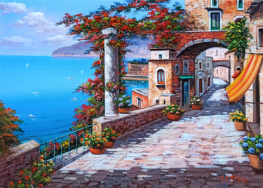 Картина под названием "Flowered old road -…" - Ernesto De Michele, Подлинное произведение искусства, Масло Установлен на Дер…