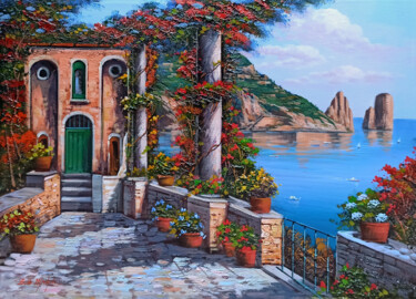 Painting titled "Flowered house on t…" by Ernesto De Michele, Original Artwork, Oil Mounted on Wood Stretcher frame