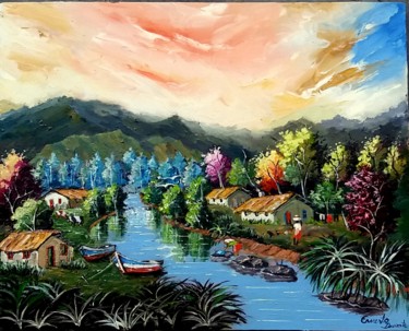 Pintura intitulada "paisagem-com-rio.jpg" por Ernesto Duarte, Obras de arte originais, Óleo Montado em Painel de madeira