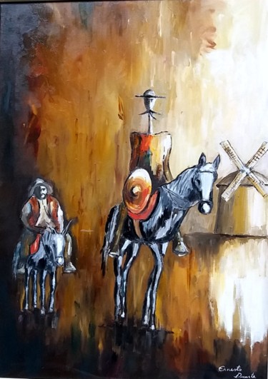 「D.Quixote em laranj…」というタイトルの絵画 Ernesto Duarteによって, オリジナルのアートワーク, オイル ウッドパネルにマウント