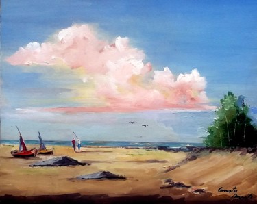 Pintura intitulada "marina-com-barquinh…" por Ernesto Duarte, Obras de arte originais, Óleo Montado em Painel de madeira