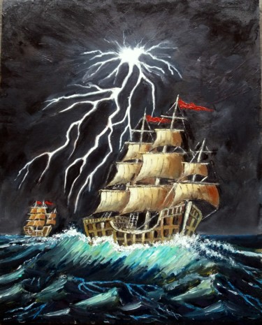 Pintura intitulada "veleiros-e-tempesta…" por Ernesto Duarte, Obras de arte originais, Óleo Montado em Painel de madeira