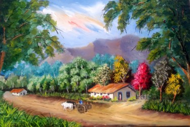 Painting titled "Carro e Boi emMInas…" by Ernesto Duarte, Original Artwork, Oil Mounted on Wood Panel