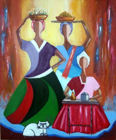 Painting titled "Baianas e gato" by Ernesto Duarte, Original Artwork, Oil Mounted on Wood Panel