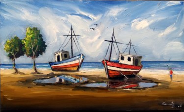 Painting titled "Barcos na praia" by Ernesto Duarte, Original Artwork, Oil Mounted on Wood Panel