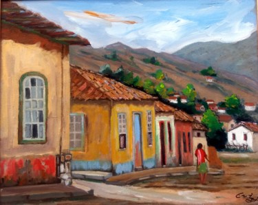 Pintura intitulada "Entardecer na vila" por Ernesto Duarte, Obras de arte originais, Óleo Montado em Painel de madeira