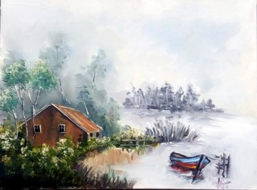 Painting titled "Lago e neblina" by Ernesto Duarte, Original Artwork, Oil