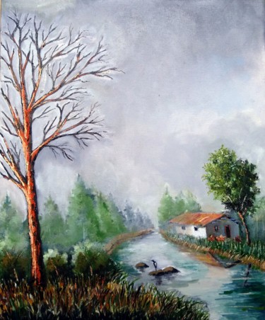Painting titled "Neblina no rio" by Ernesto Duarte, Original Artwork, Oil Mounted on Wood Panel