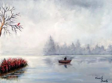 Painting titled "Pescando na neblina" by Ernesto Duarte, Original Artwork, Oil Mounted on Wood Panel