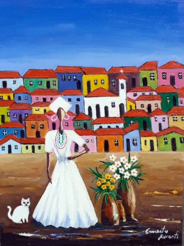 Painting titled "Baiana com gato e v…" by Ernesto Duarte, Original Artwork, Oil Mounted on Wood Panel