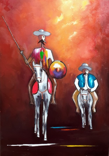 Painting titled "D.Quixote em laranj…" by Ernesto Duarte, Original Artwork, Oil Mounted on Wood Panel