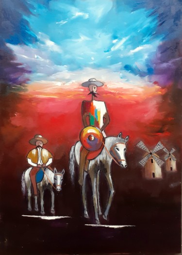 Pintura intitulada "Dom Quixote e moinh…" por Ernesto Duarte, Obras de arte originais, Óleo Montado em Painel de madeira