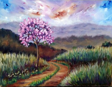 Painting titled "Ype rosa" by Ernesto Duarte, Original Artwork, Oil Mounted on Wood Stretcher frame