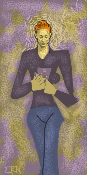 Digital Arts titled "Woman with her Phone" by Ernesto Rivera Novoa, Original Artwork, Digital Painting