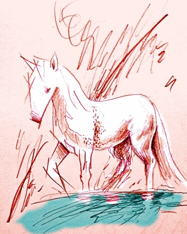 Digital Arts titled "White Horse" by Ernesto Rivera Novoa, Original Artwork, Digital Painting