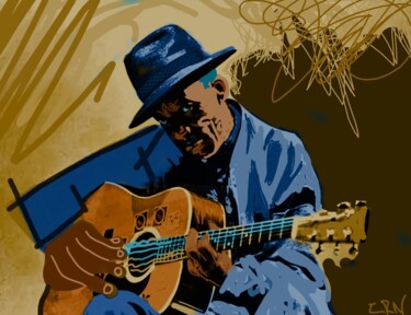 Digital Arts titled "The Blues Player" by Ernesto Rivera Novoa, Original Artwork, Digital Painting
