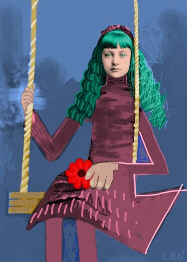 Digital Arts titled "Girl on a swing" by Ernesto Rivera Novoa, Original Artwork, Digital Painting