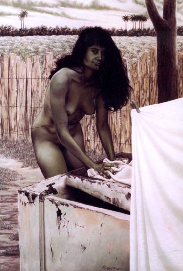 Drawing titled "Mujer lavando" by Erwin Esquivel C, Original Artwork, Chalk