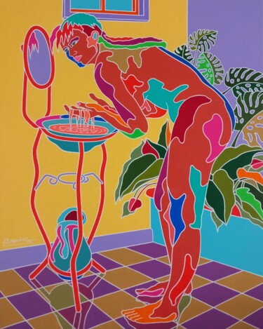 Painting titled "La toilette de Kerly" by Erwin Esquivel C, Original Artwork, Acrylic Mounted on Wood Stretcher frame