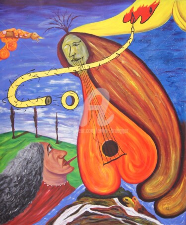 Painting titled "The saxophones" by Erwin Bruegger, Original Artwork, Acrylic Mounted on Wood Stretcher frame