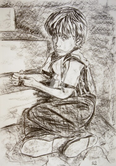 Drawing titled "Garçon assis" by Erwin Bruegger, Original Artwork, Charcoal