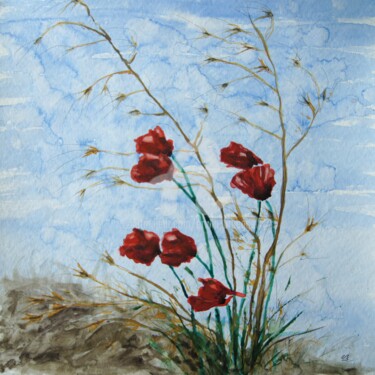 Tekening getiteld "Mohnblumen" door Erwin Bruegger, Origineel Kunstwerk, Aquarel