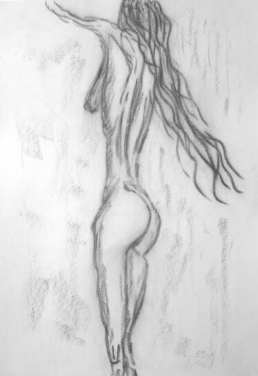 Tekening getiteld "Long hair" door Erwin Bruegger, Origineel Kunstwerk, Houtskool