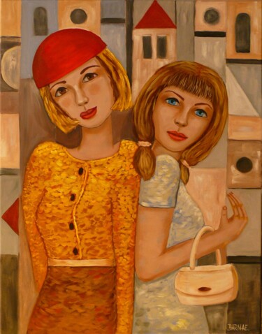 Painting titled "Girly afternoon" by Erzsebet Barna, Original Artwork, Oil Mounted on Wood Stretcher frame