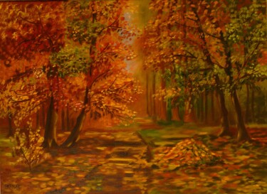 Painting titled "Autumn forest" by Erzsebet Barna, Original Artwork, Oil Mounted on Wood Stretcher frame