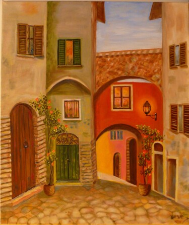 Painting titled "Italian small town" by Erzsebet Barna, Original Artwork, Oil Mounted on Wood Stretcher frame
