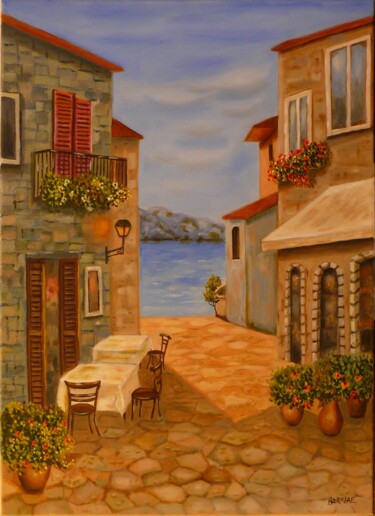 Painting titled "Street on the beach" by Erzsebet Barna, Original Artwork, Oil Mounted on Wood Stretcher frame