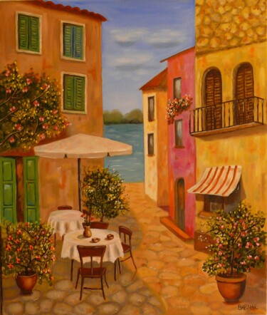 Painting titled "cafe on the beach" by Erzsebet Barna, Original Artwork, Oil Mounted on Wood Stretcher frame