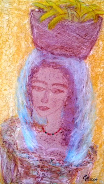 Drawing titled "Woman with bananas" by Erzsébet Engi, Original Artwork, Chalk