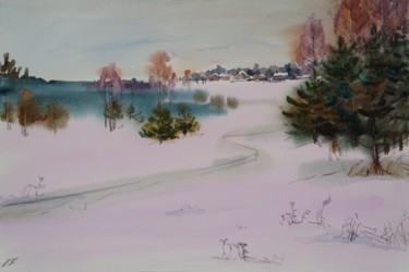 Картина под названием "Зимний пейзаж" - Елена Санина, Подлинное произведение искусства, Акварель