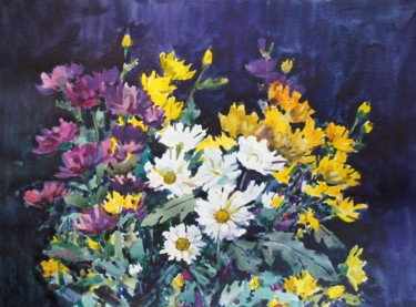 Картина под названием "Хризантемы" - Елена Санина, Подлинное произведение искусства, Акварель