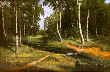Картина под названием "Ручей в березовом л…" - Евгений Смоляков, Подлинное произведение искусства, Масло