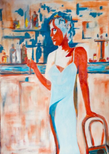 Painting titled "Longue attente" by Esdez, Original Artwork, Oil Mounted on Wood Stretcher frame