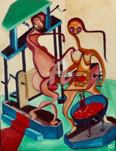 Painting titled "Mécanique quantique" by Esdez, Original Artwork, Oil Mounted on Wood Stretcher frame