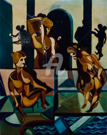 Painting titled "Le bain turc" by Esdez, Original Artwork, Oil Mounted on Wood Stretcher frame
