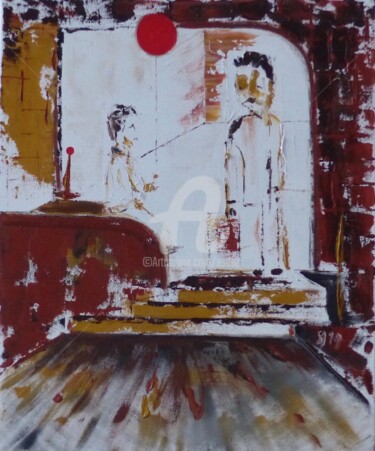 Painting titled "Le ballon rouge" by Esdez, Original Artwork, Oil Mounted on Wood Stretcher frame